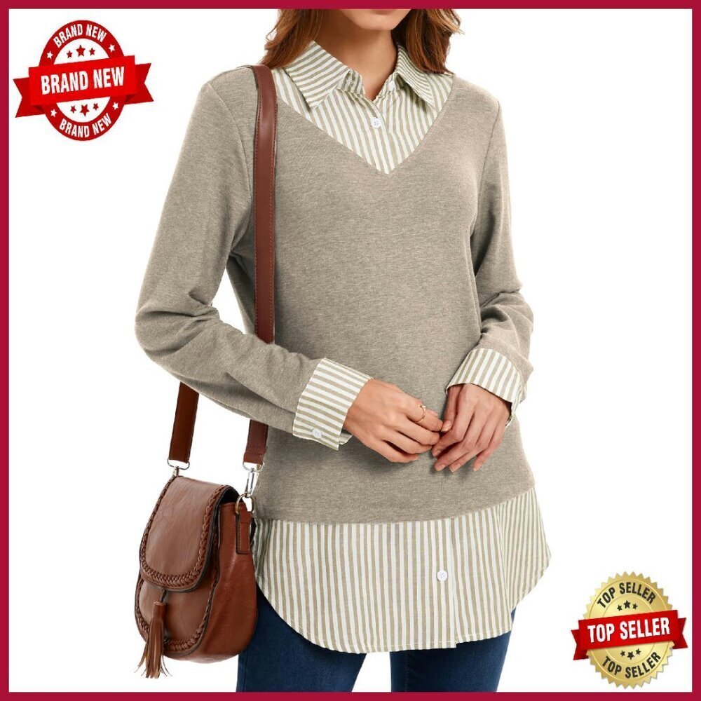 Women's Casual Collared Curved Hem 2-in-1 Pullover Blouse Cotton Polyester
